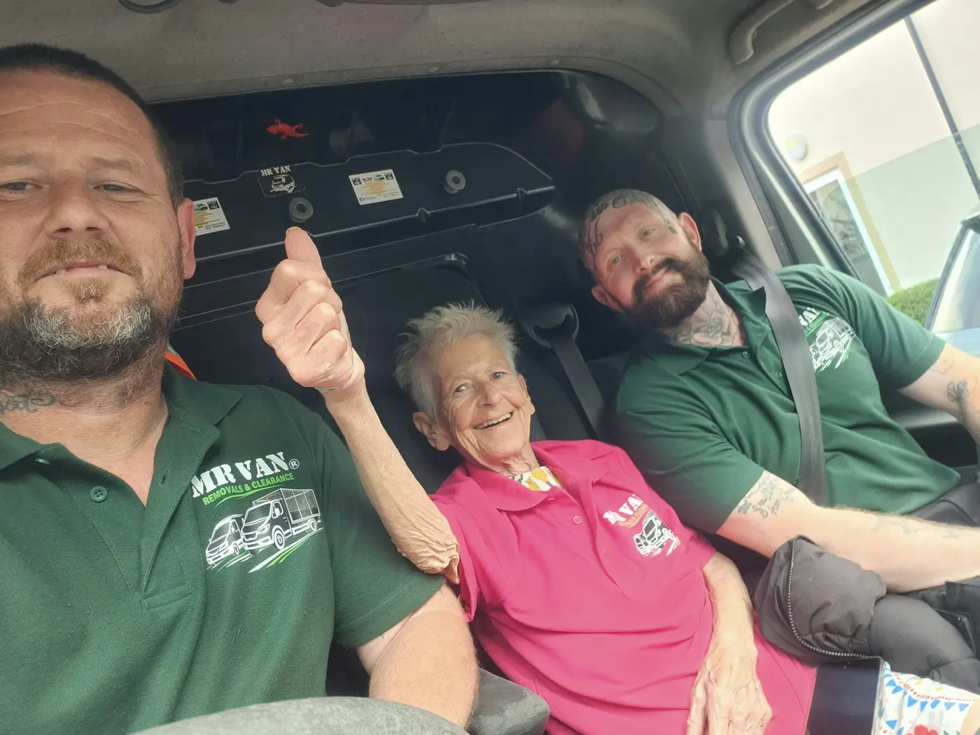 MR VAN Removals and Clearance team with a customer after completing a Worcester job